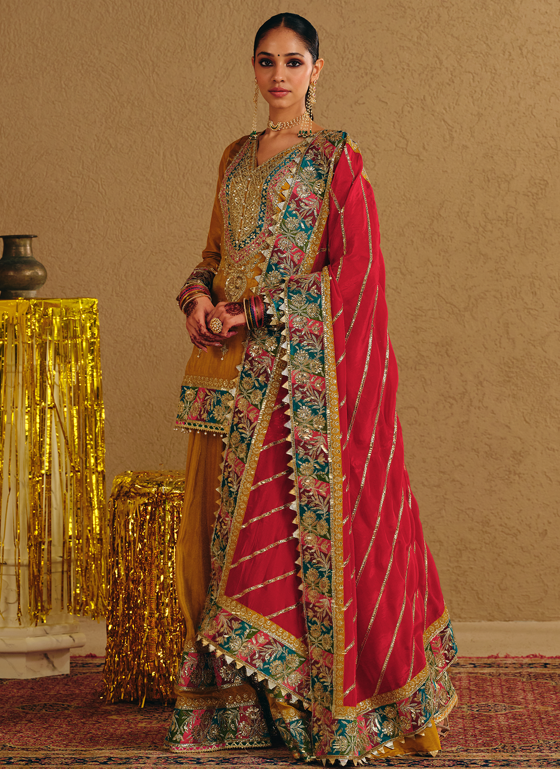 Mustard Multicolor Embroidered Viscose Organza Sharara