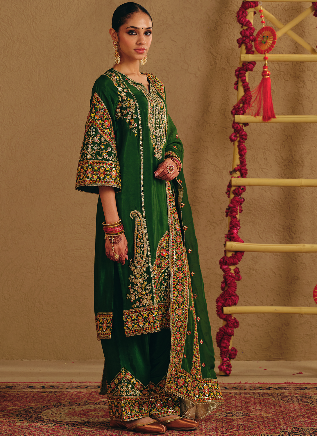 Green Embroidered Viscose Silk Salwar Suit