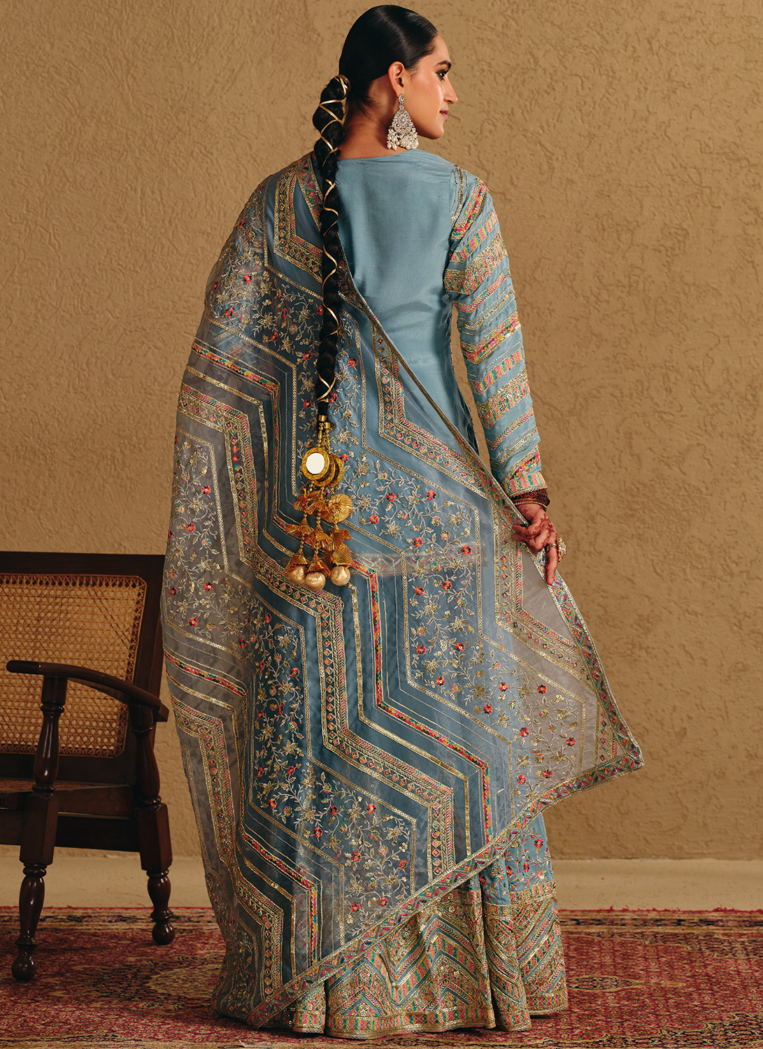 Dusty Blue Embroidered Viscose Silk Sharara