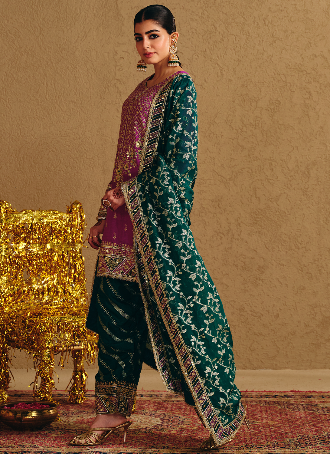 Purple and Green Embroidered Viscose Silk Punjabi Suit