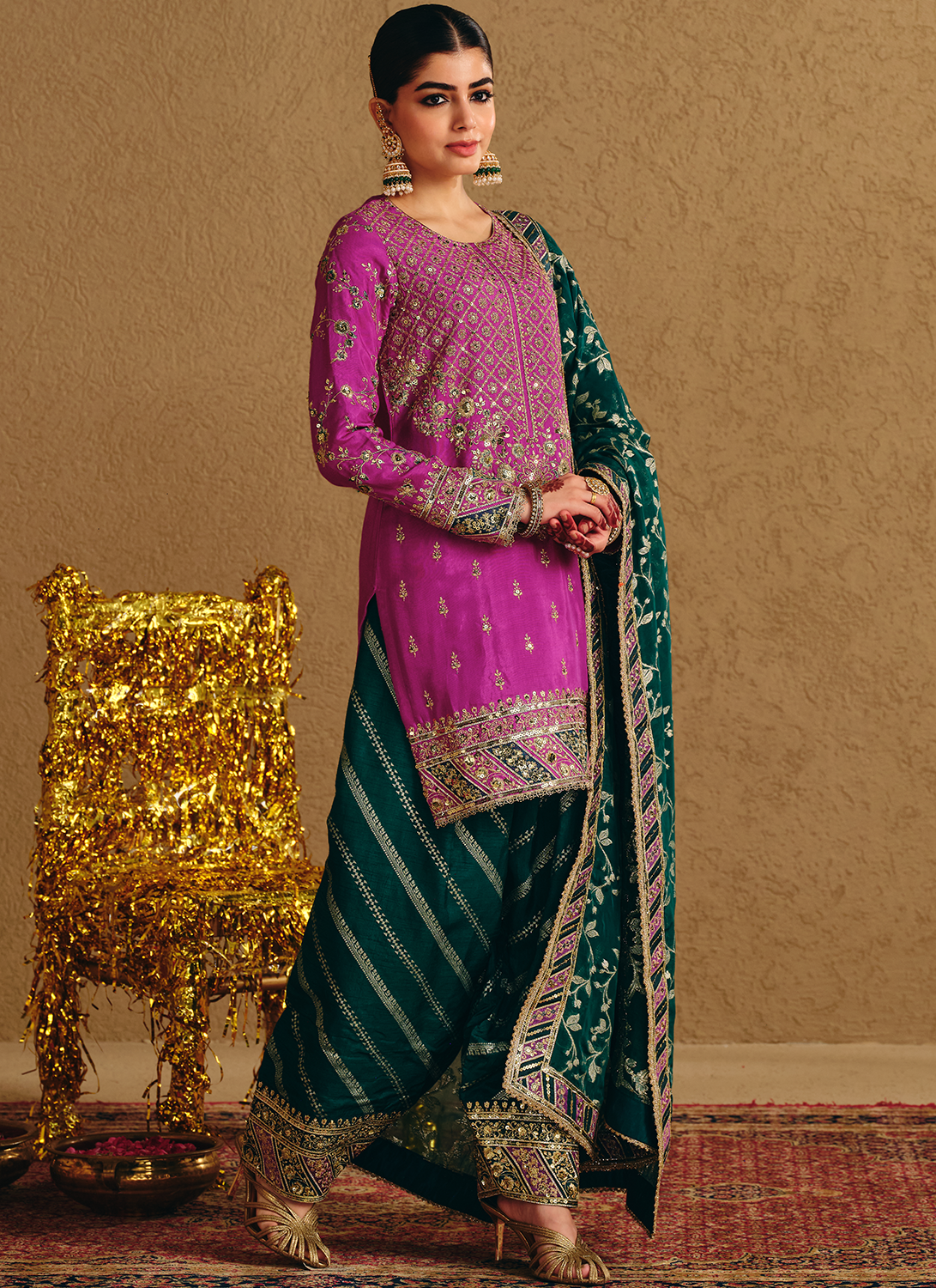 Purple and Green Embroidered Viscose Silk Punjabi Suit