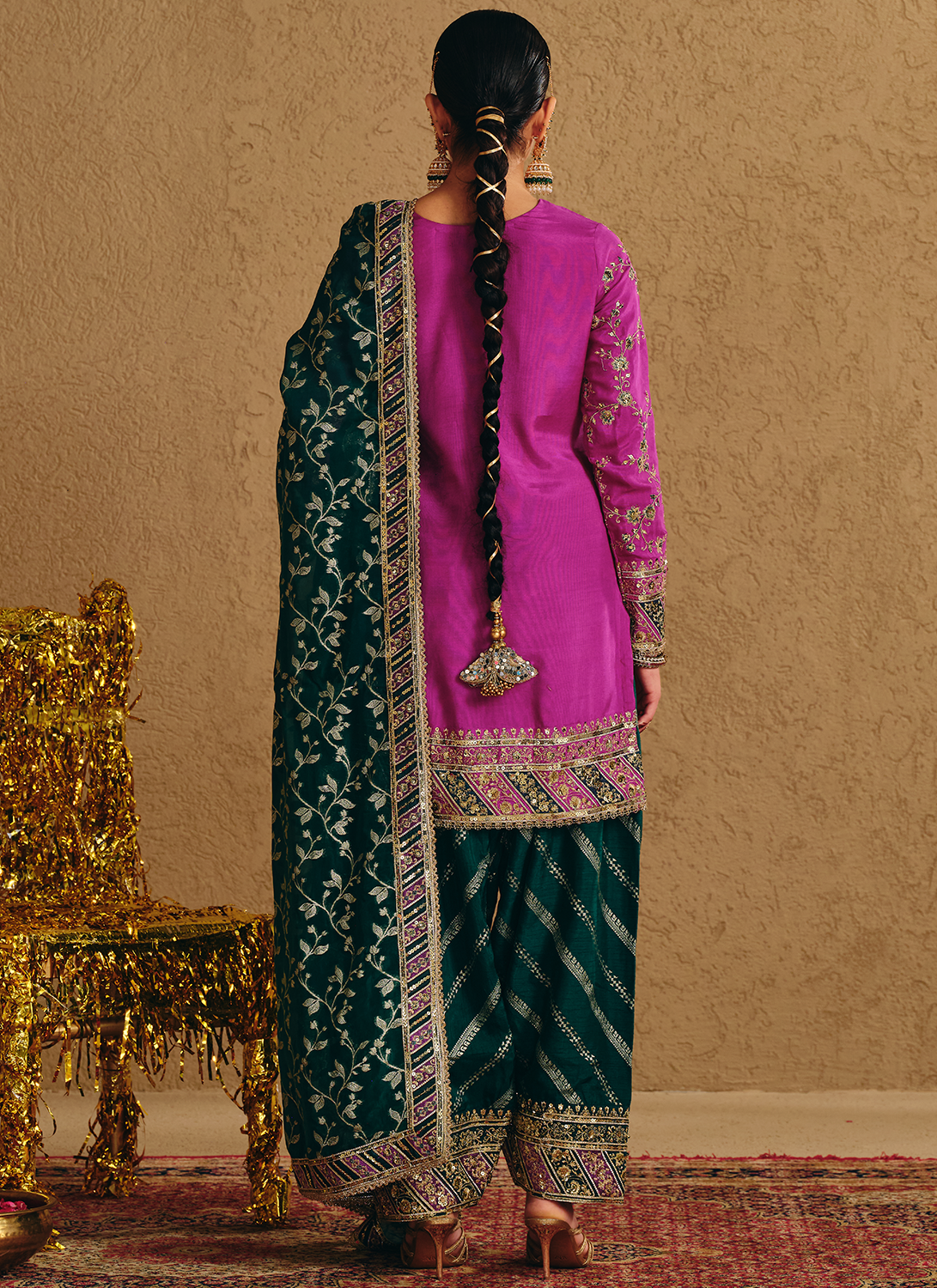 Purple and Green Embroidered Viscose Silk Punjabi Suit