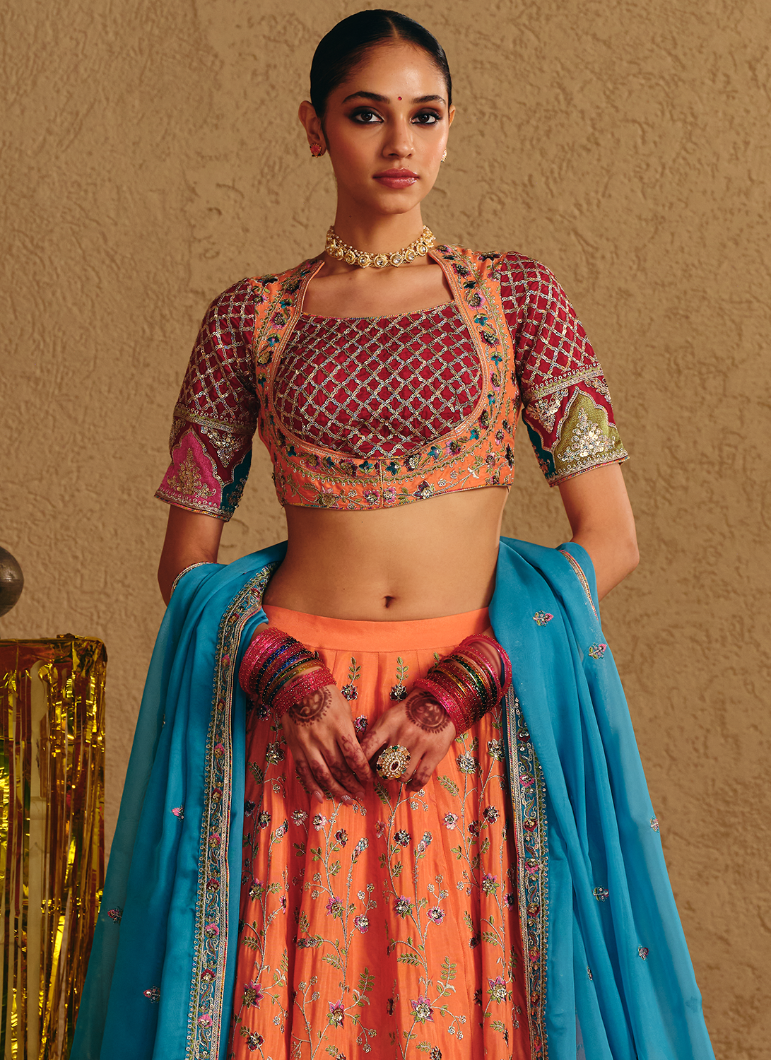 Coral Multicolor Embroidered Viscose Silk Lehenga