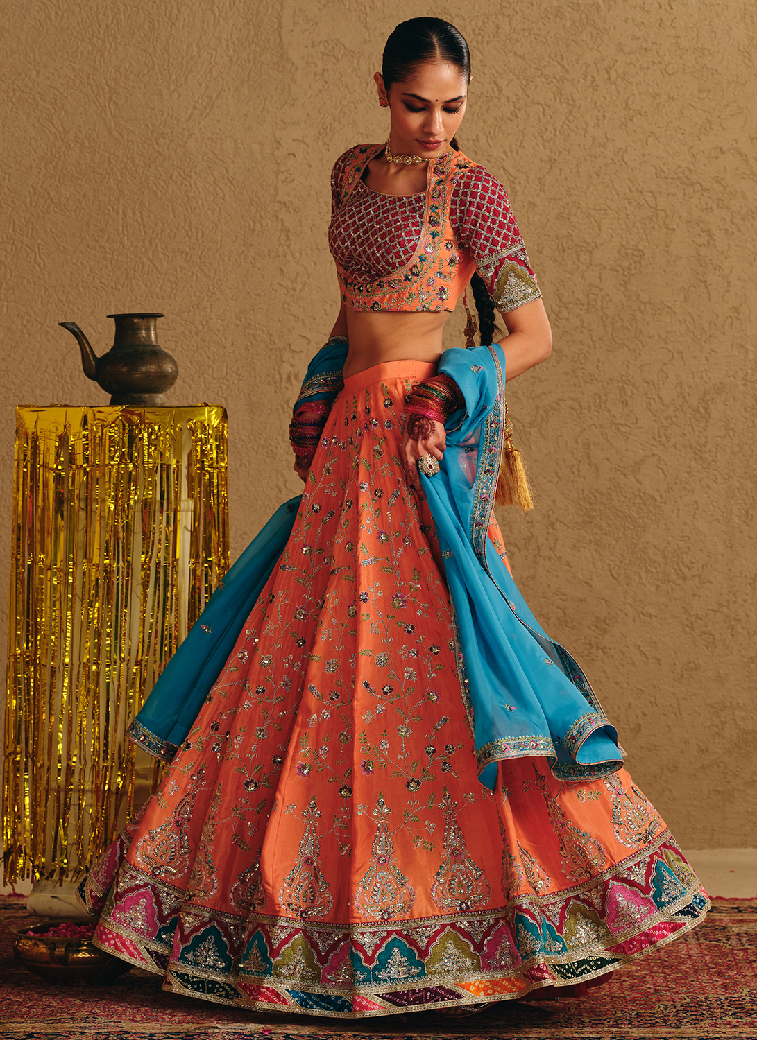 Coral Multicolor Embroidered Viscose Silk Lehenga