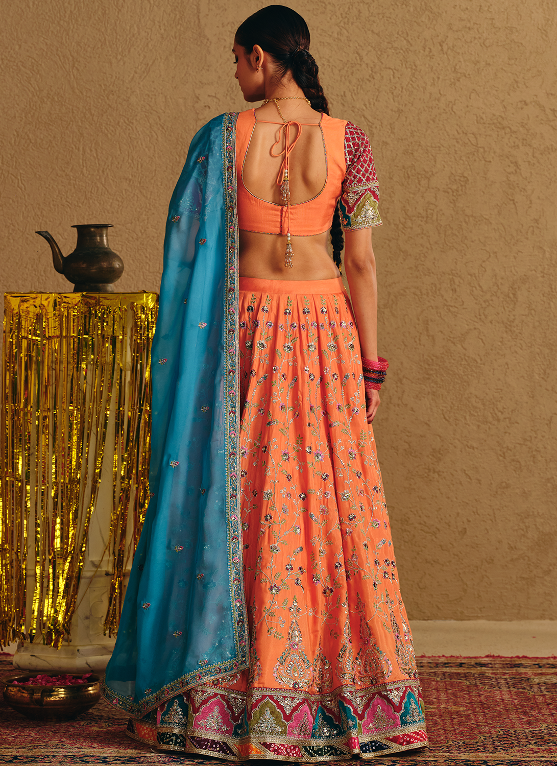 Coral Multicolor Embroidered Viscose Silk Lehenga