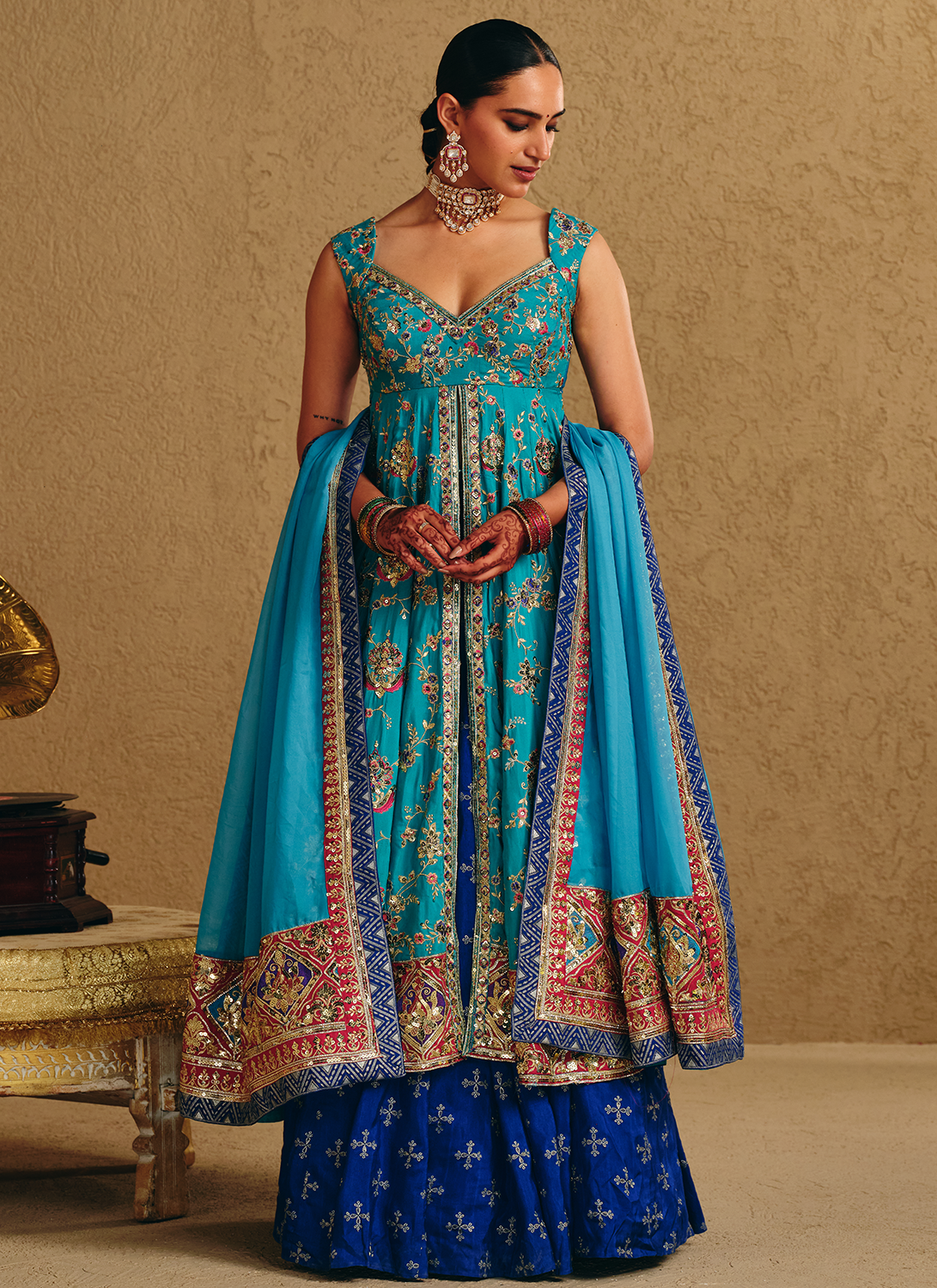 Blue Embroidered Viscose Silk Kurti Style Lehenga