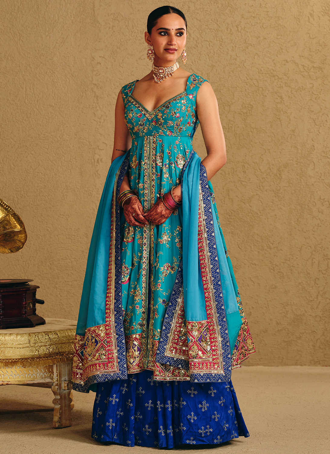 Blue Embroidered Viscose Silk Kurti Style Lehenga