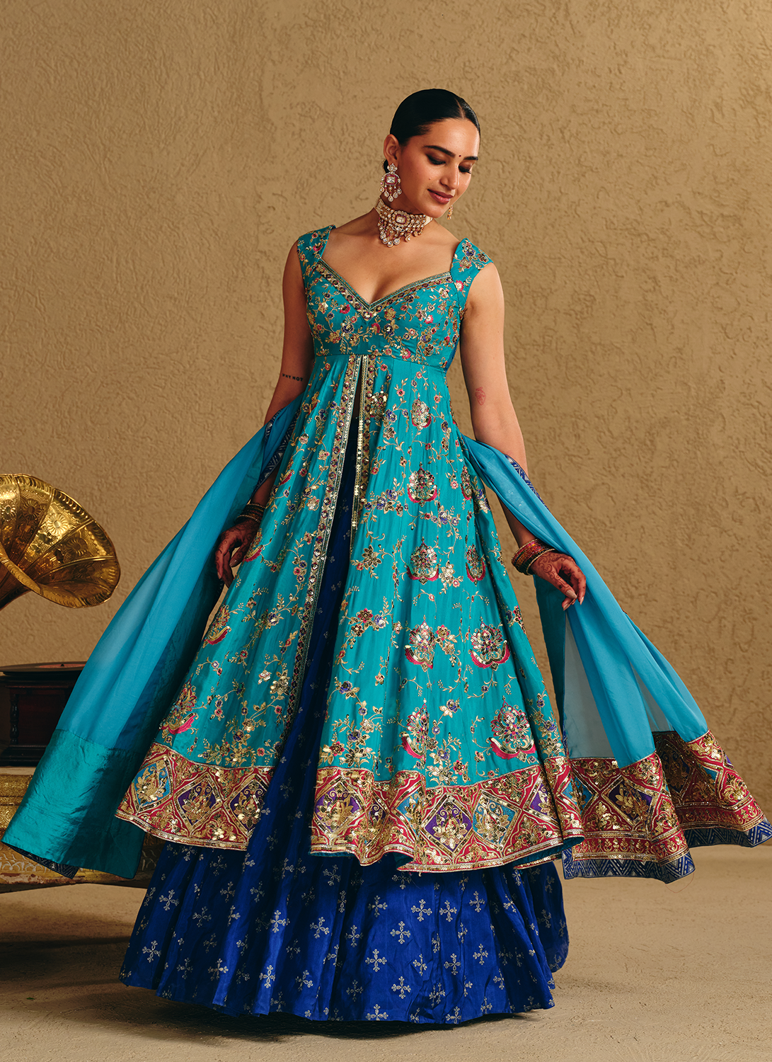 Blue Embroidered Viscose Silk Kurti Style Lehenga