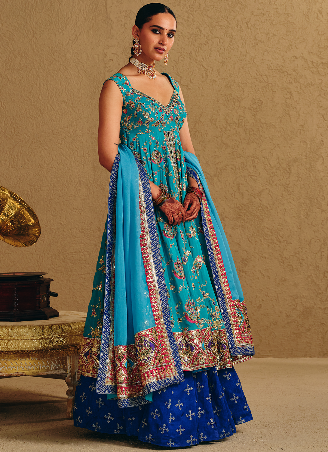 Blue Embroidered Viscose Silk Kurti Style Lehenga