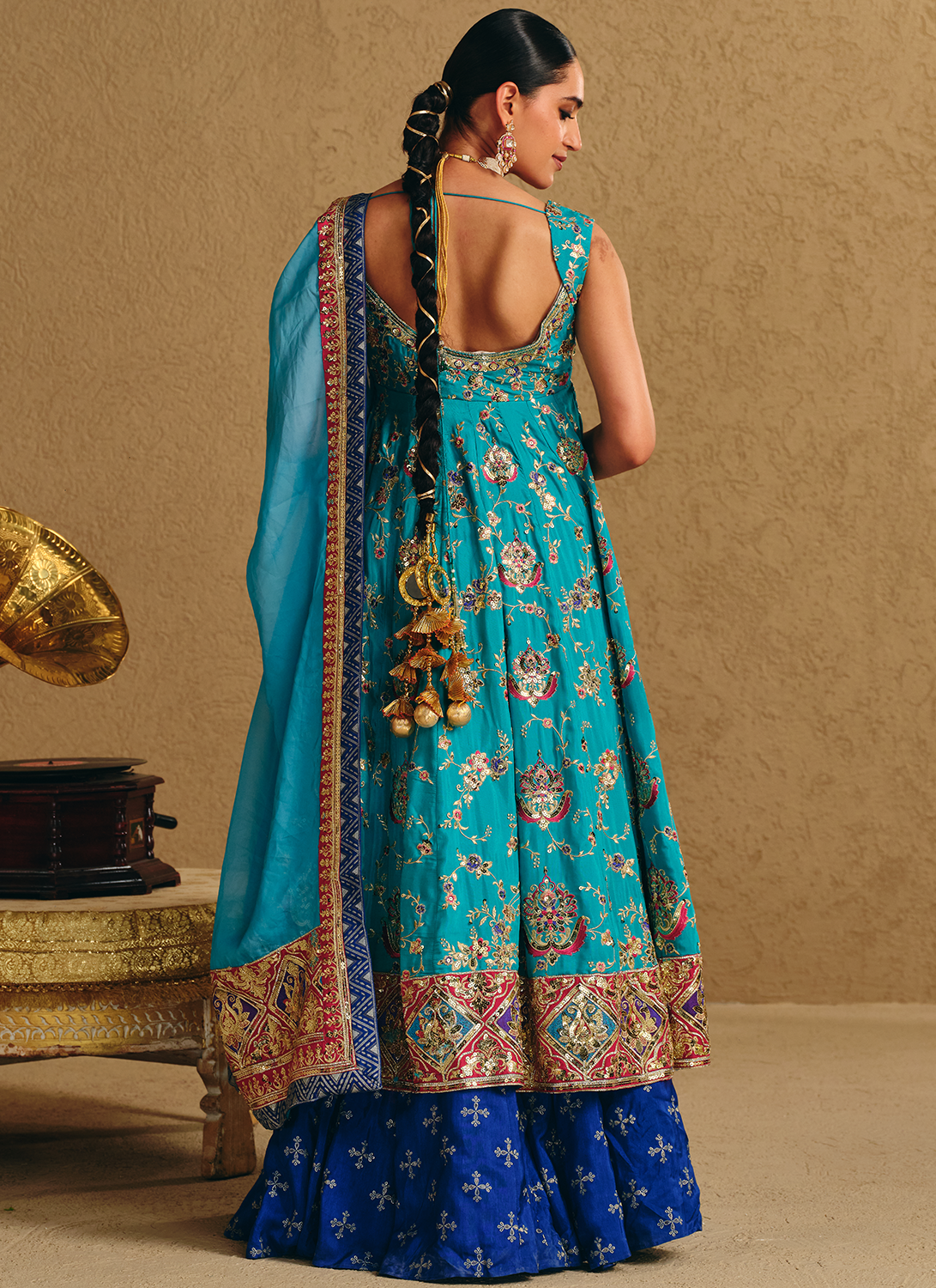Blue Embroidered Viscose Silk Kurti Style Lehenga