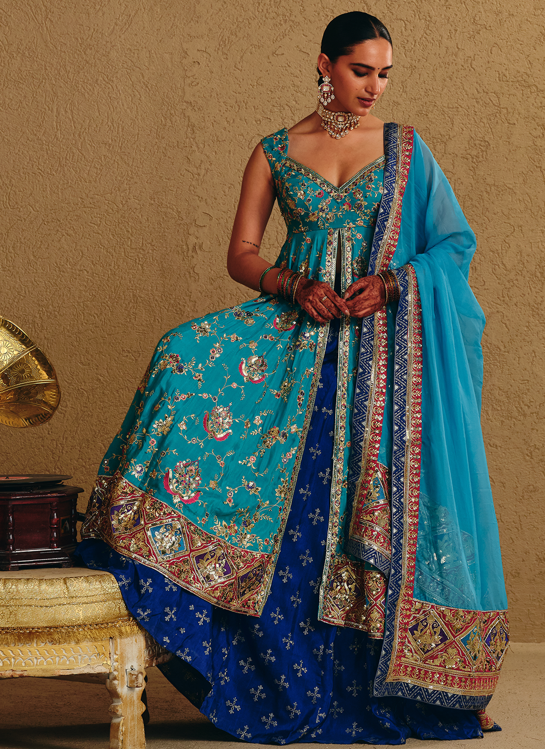 Blue Embroidered Viscose Silk Kurti Style Lehenga