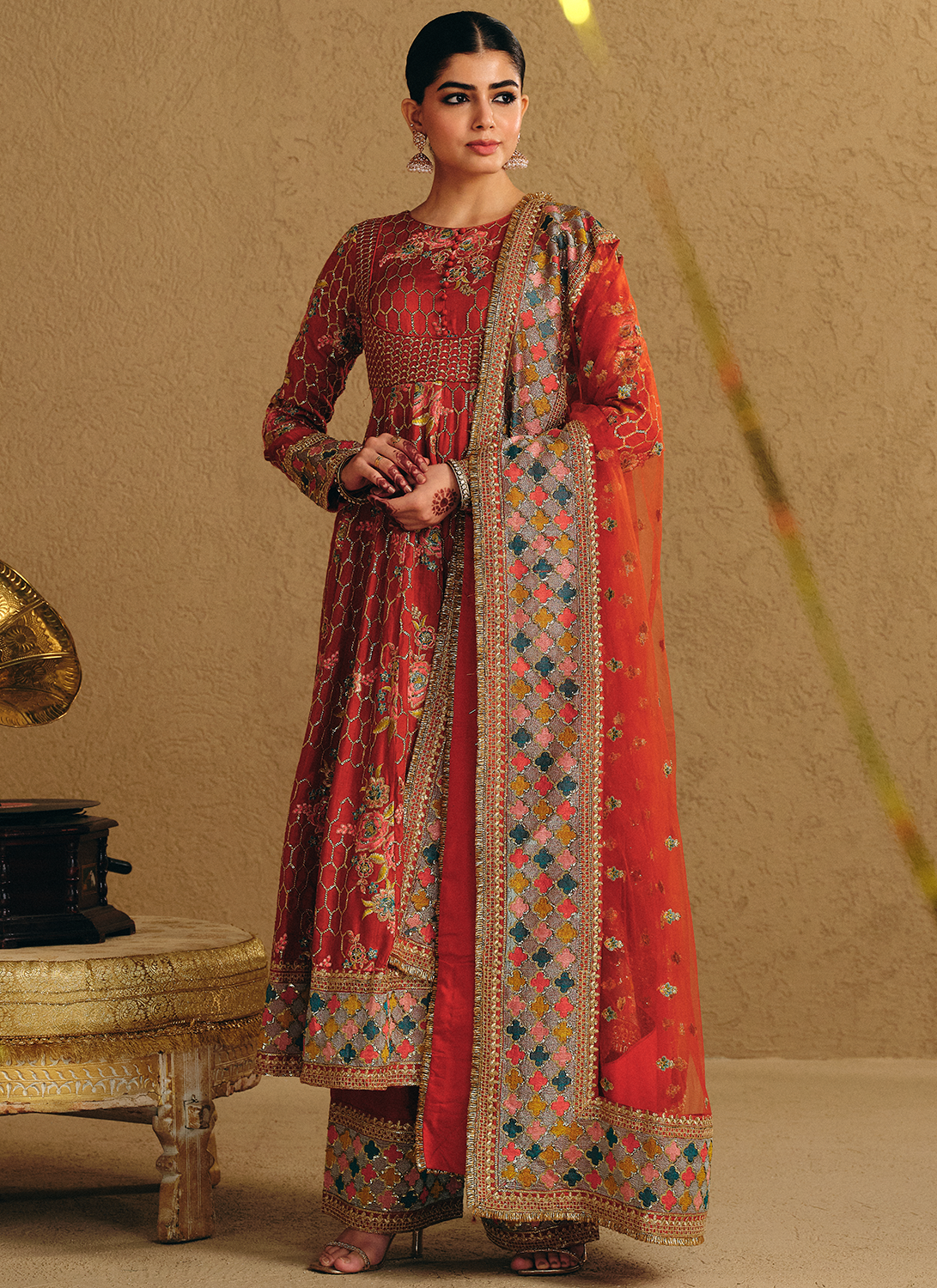 Rust Embroidered Viscose Silk Anarkali Style Palazzo
