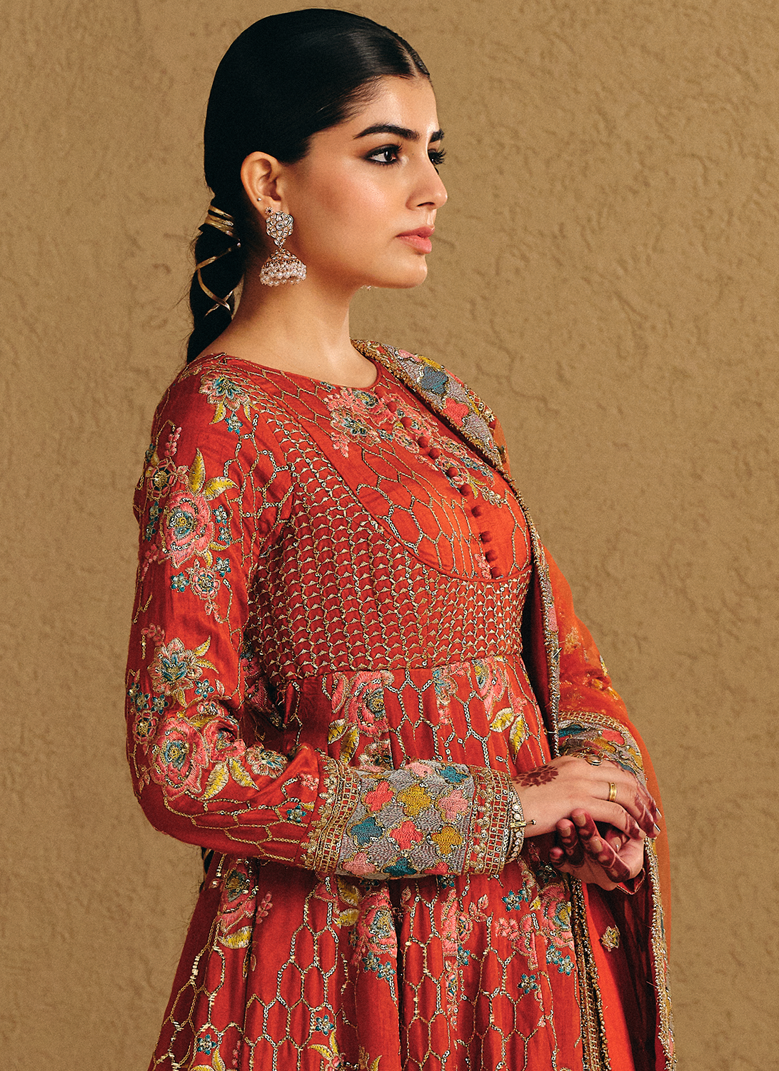 Rust Embroidered Viscose Silk Anarkali Style Palazzo