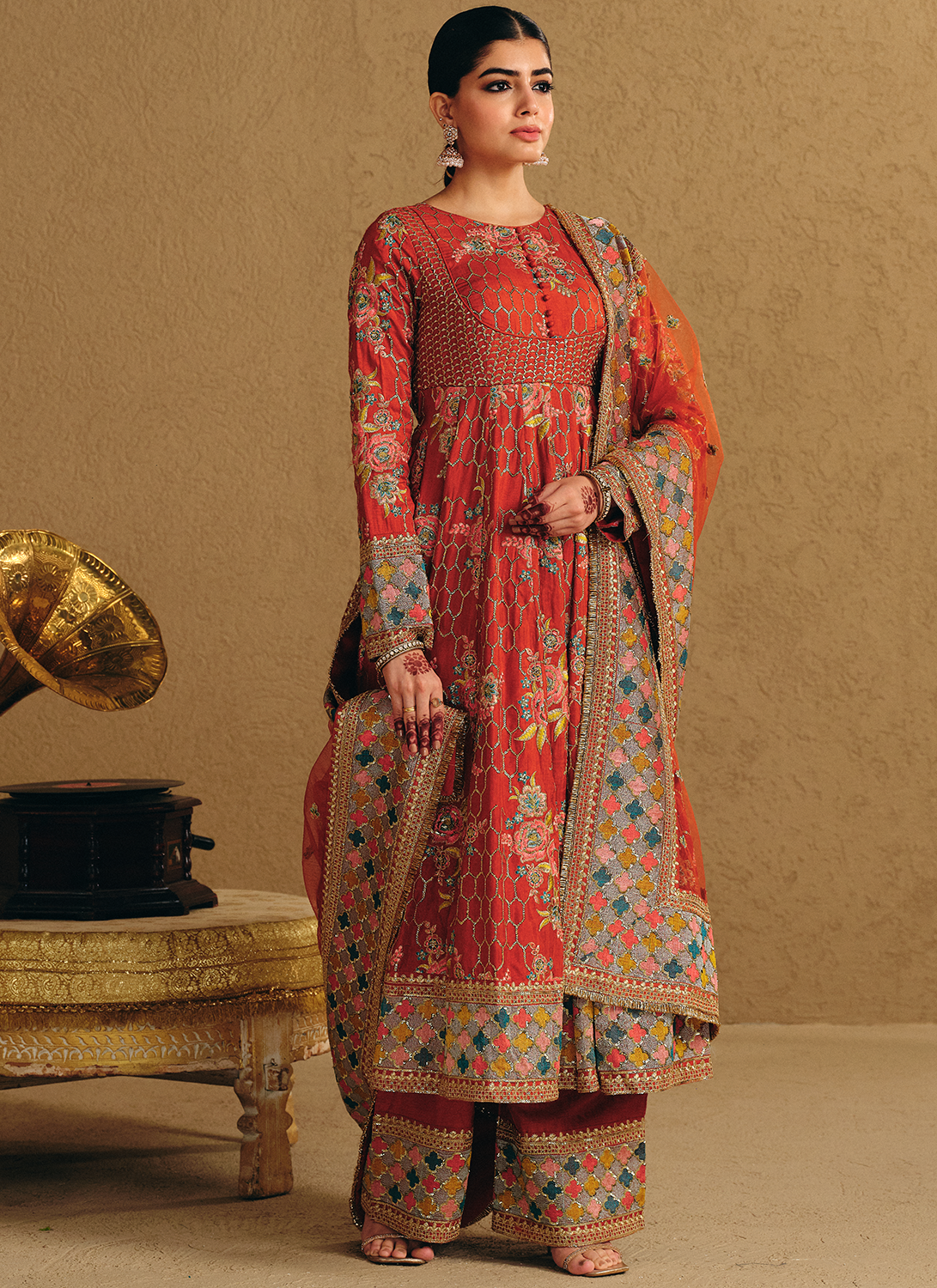 Rust Embroidered Viscose Silk Anarkali Style Palazzo