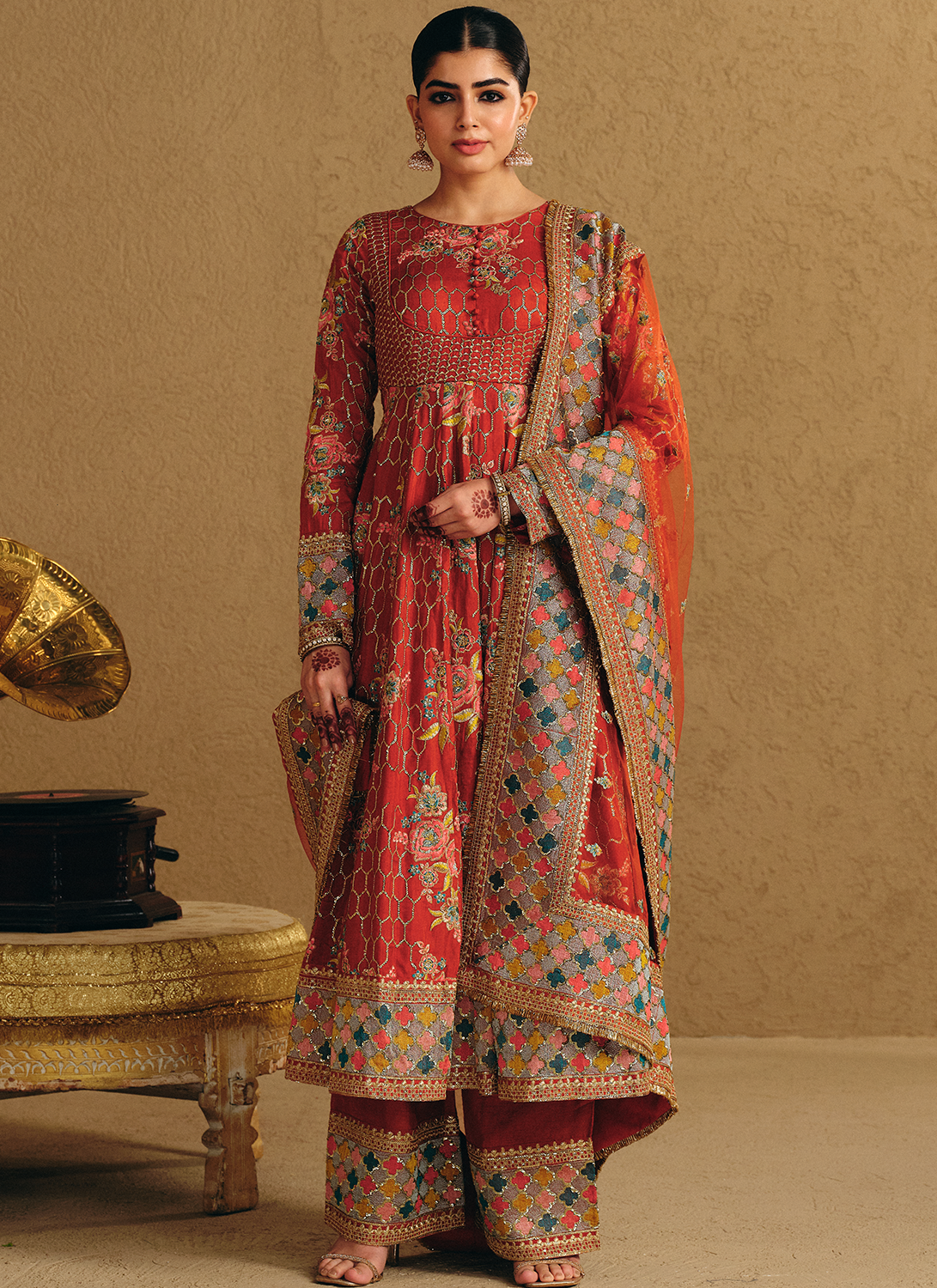 Rust Embroidered Viscose Silk Anarkali Style Palazzo