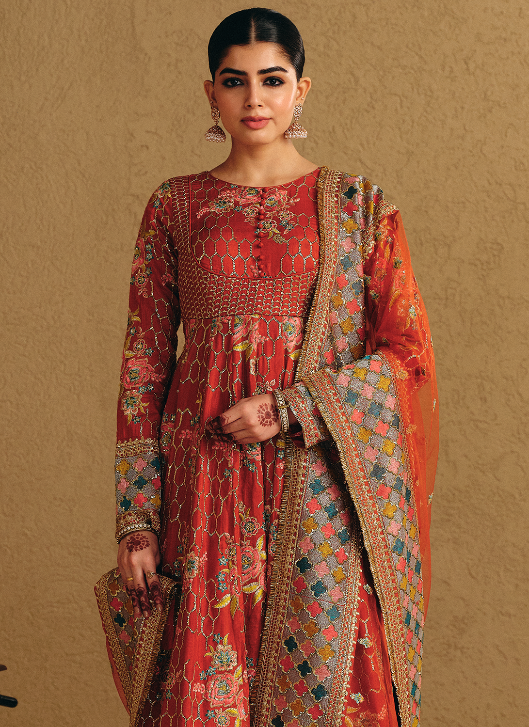 Rust Embroidered Viscose Silk Anarkali Style Palazzo