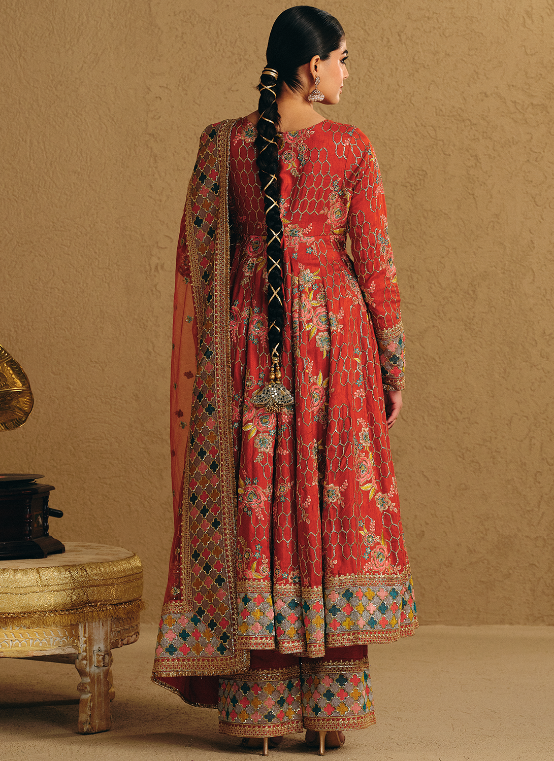 Rust Embroidered Viscose Silk Anarkali Style Palazzo