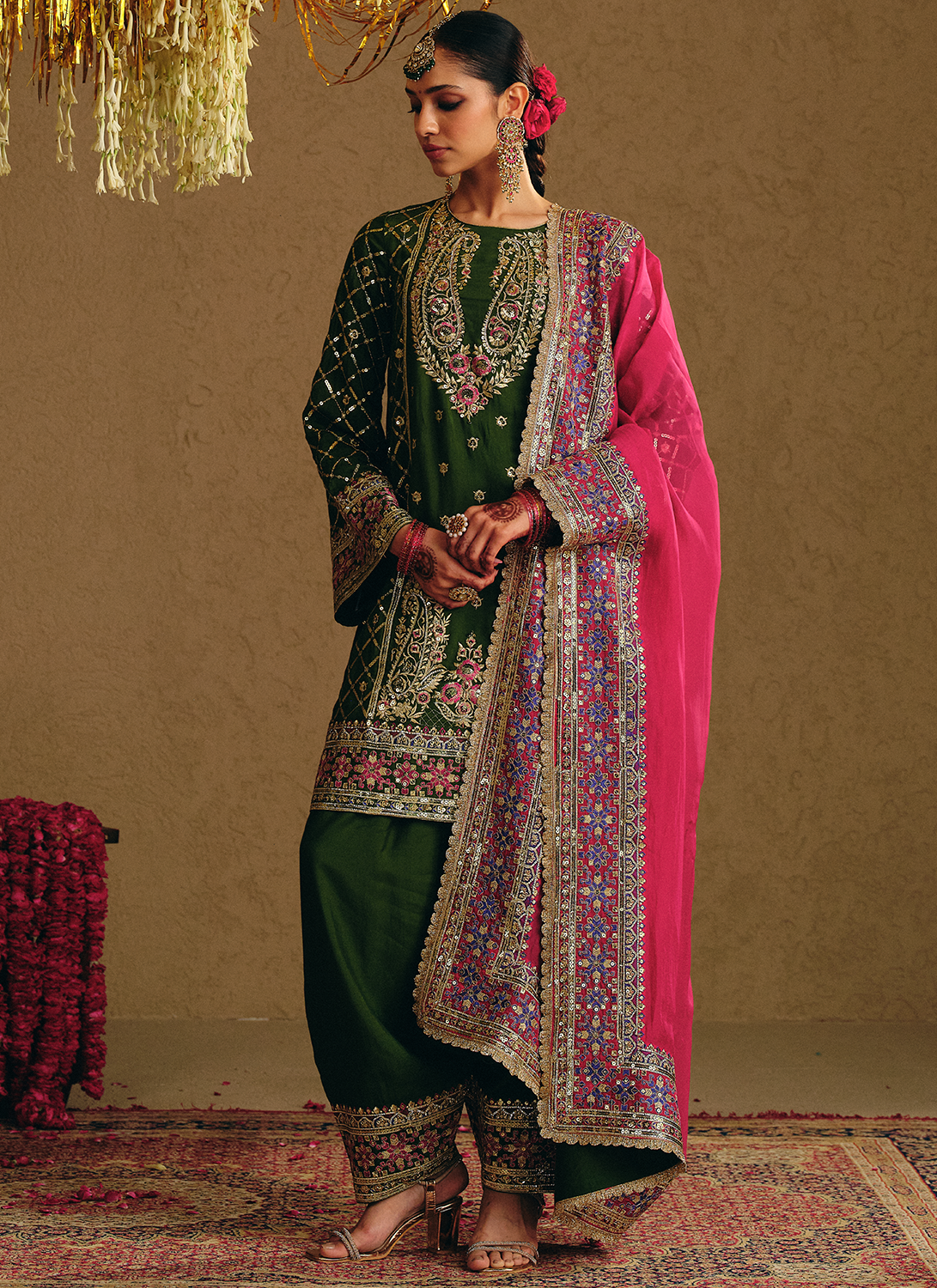 Emerald Green Embroidered Viscose Silk Salwar Suit
