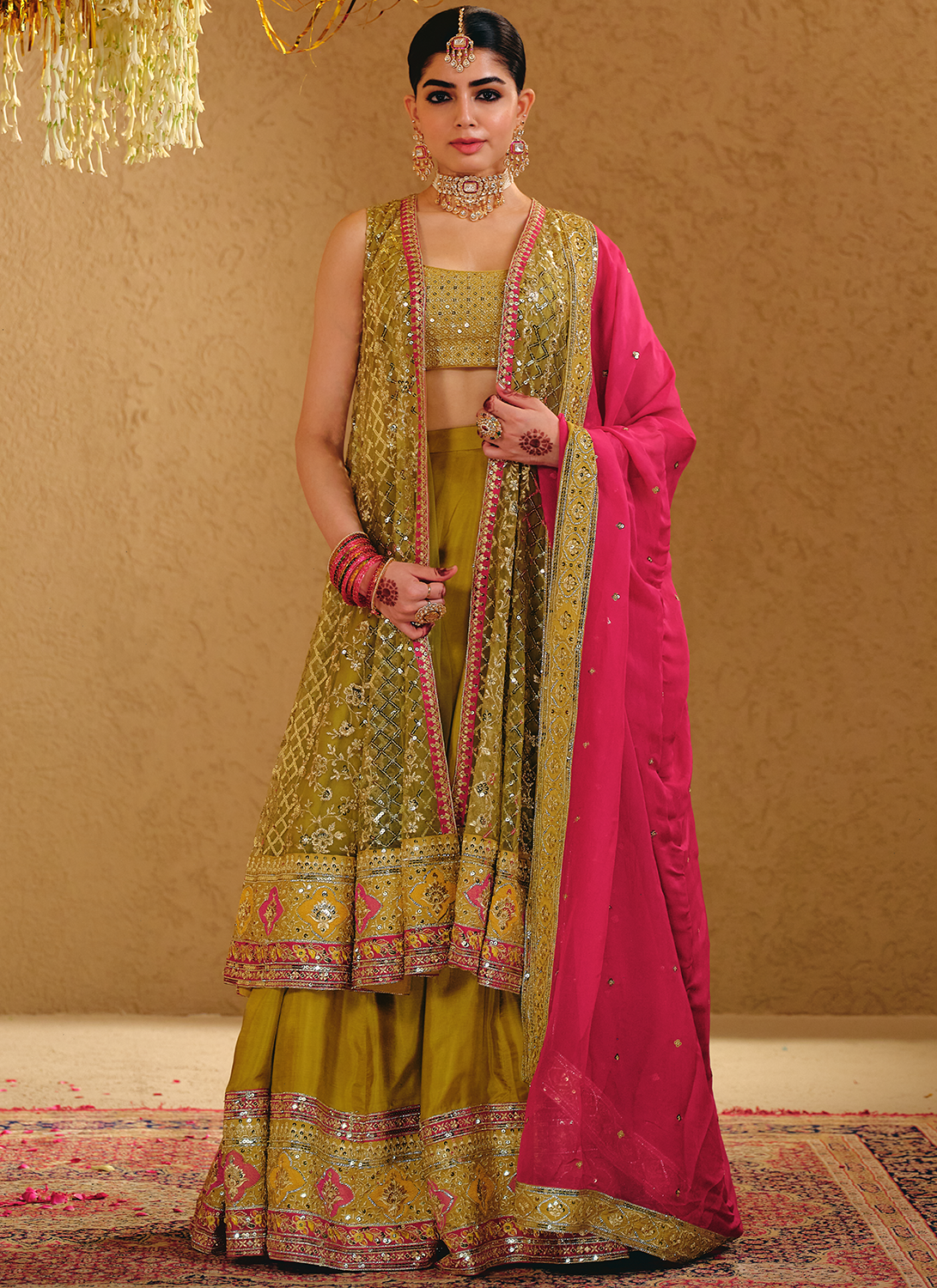 Mehendi Green and Hot Pink Embroidered Kurti Style Lehenga