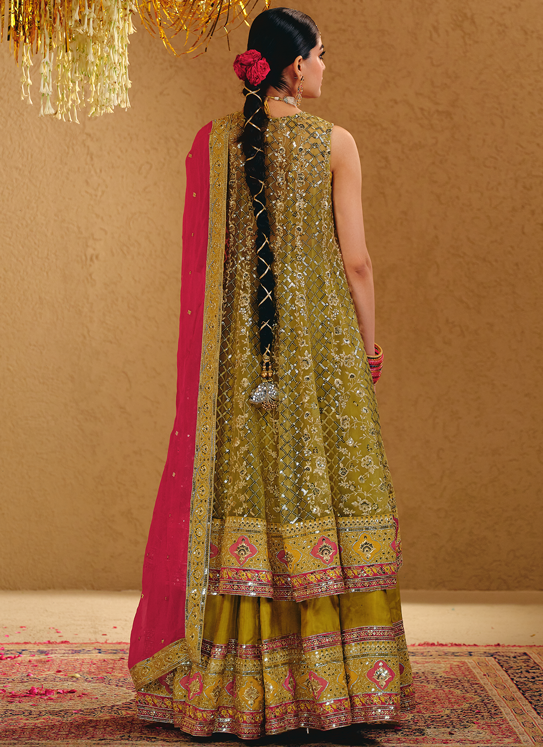 Mehendi Green and Hot Pink Embroidered Kurti Style Lehenga
