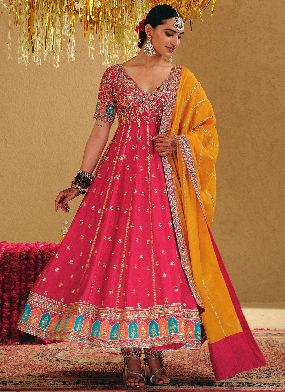 Hot Pink Multicolor Embroidered Viscose Silk Anarkali