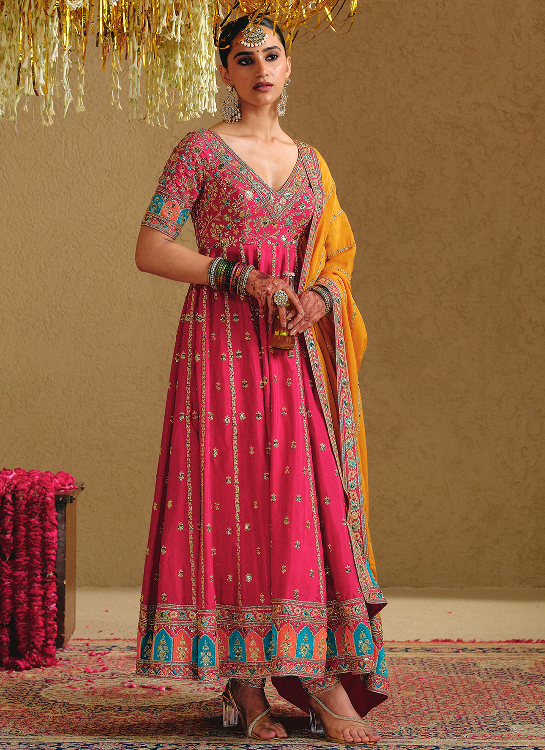 Hot Pink Multicolor Embroidered Viscose Silk Anarkali