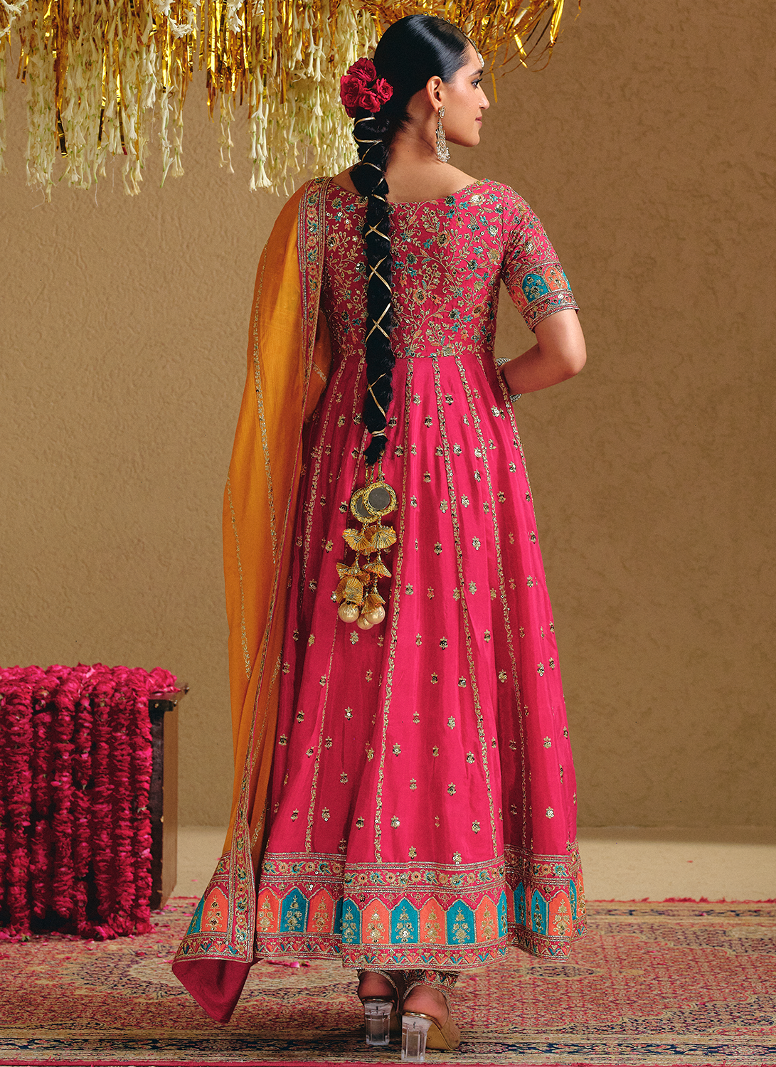 Hot Pink Multicolor Embroidered Viscose Silk Anarkali
