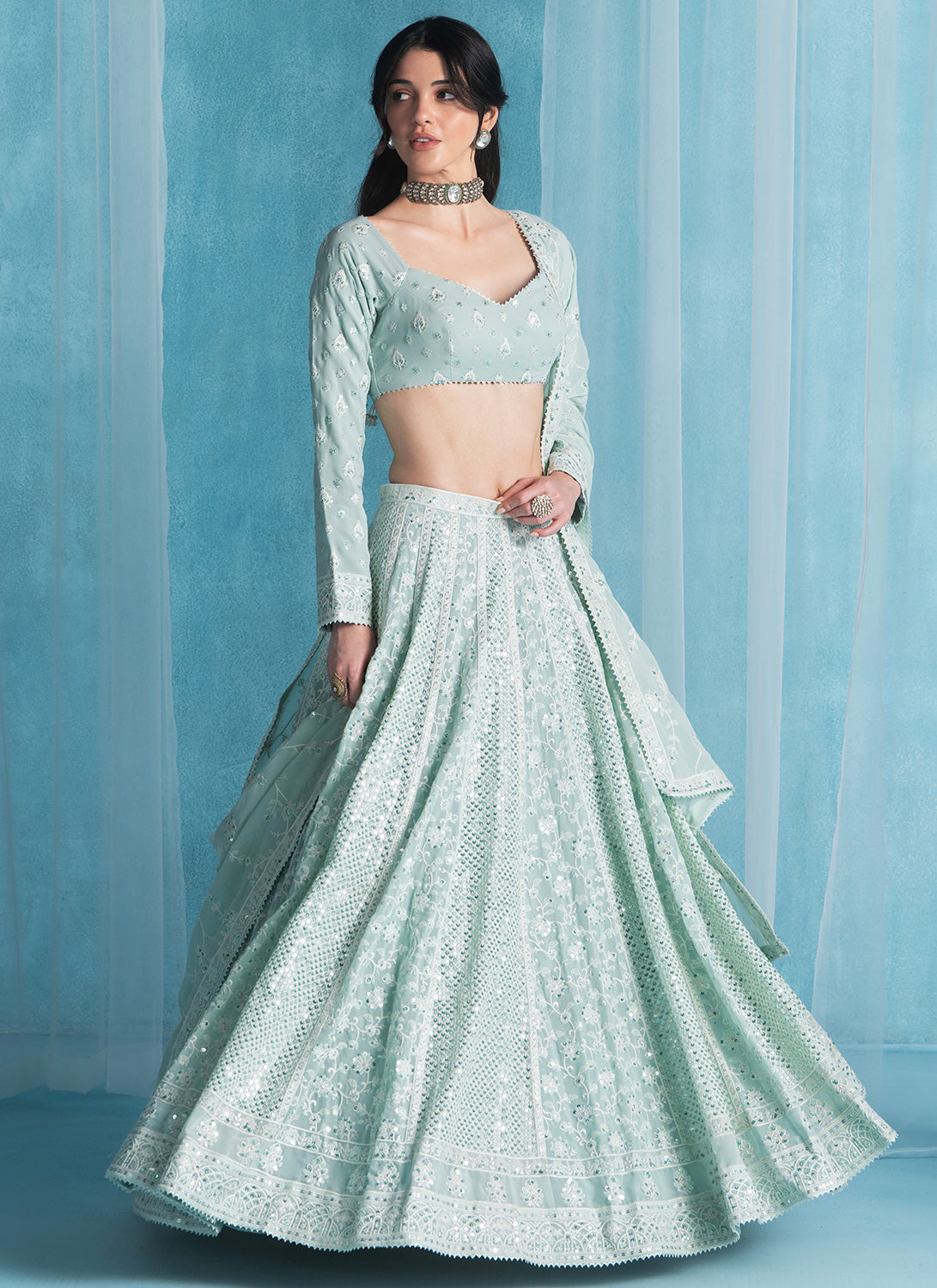 Soft Green Embroidered Lucknowi Lehenga