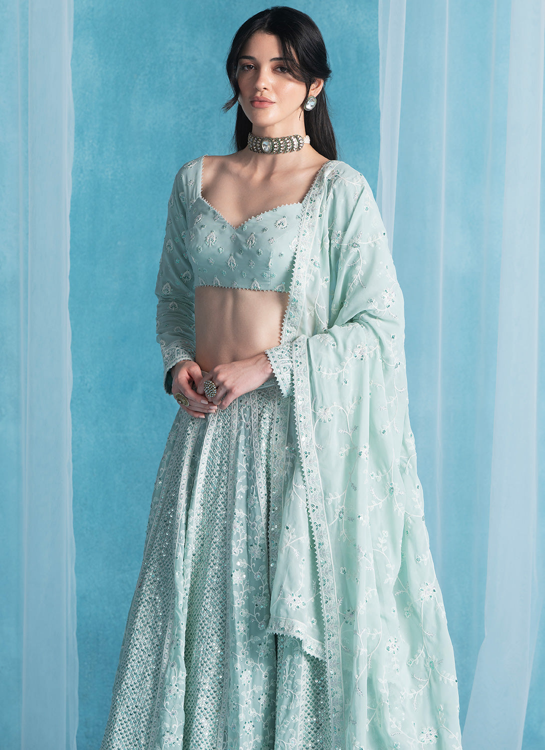 Soft Green Embroidered Lucknowi Lehenga