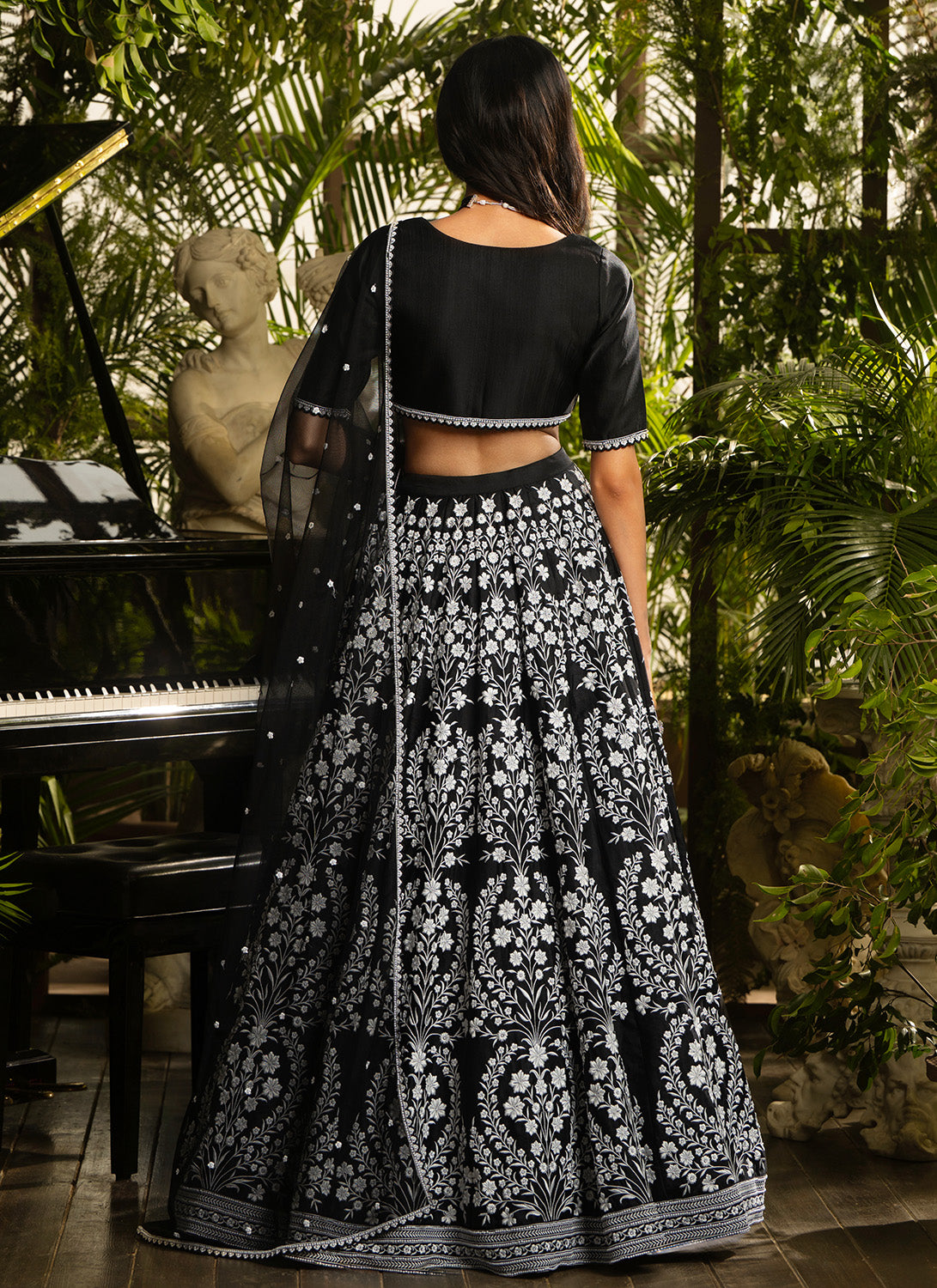 Black Embroidered Silk Lehenga