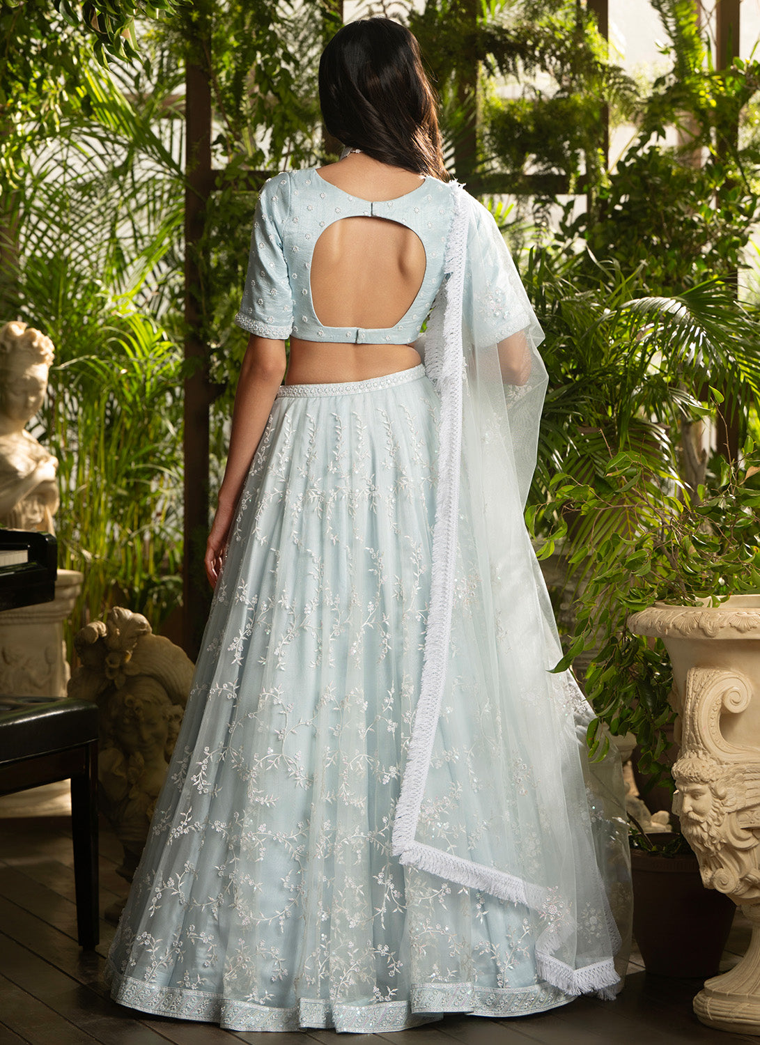 Light Blue Embroidered Pure Silk Lehenga