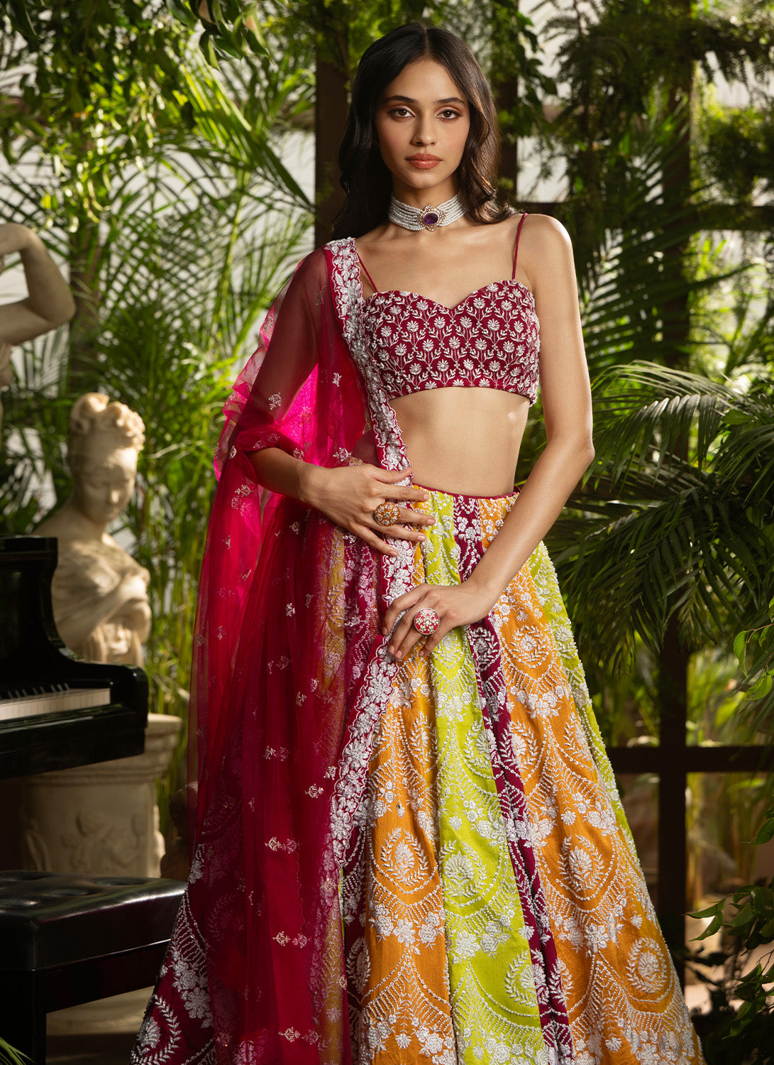 Magenta Multicolor Embroidered Pure Silk Lehenga