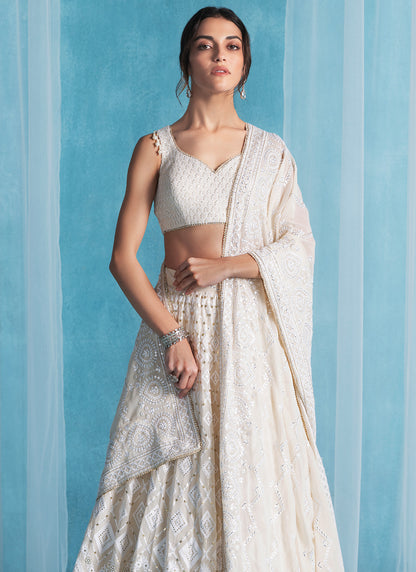Off White Embroidered Lucknowi Lehenga