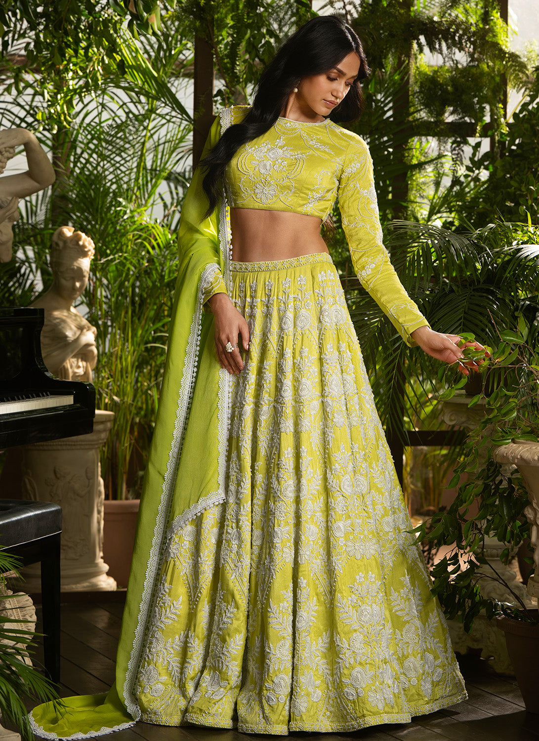 Lime Green Embroidered Pure Silk Lehenga