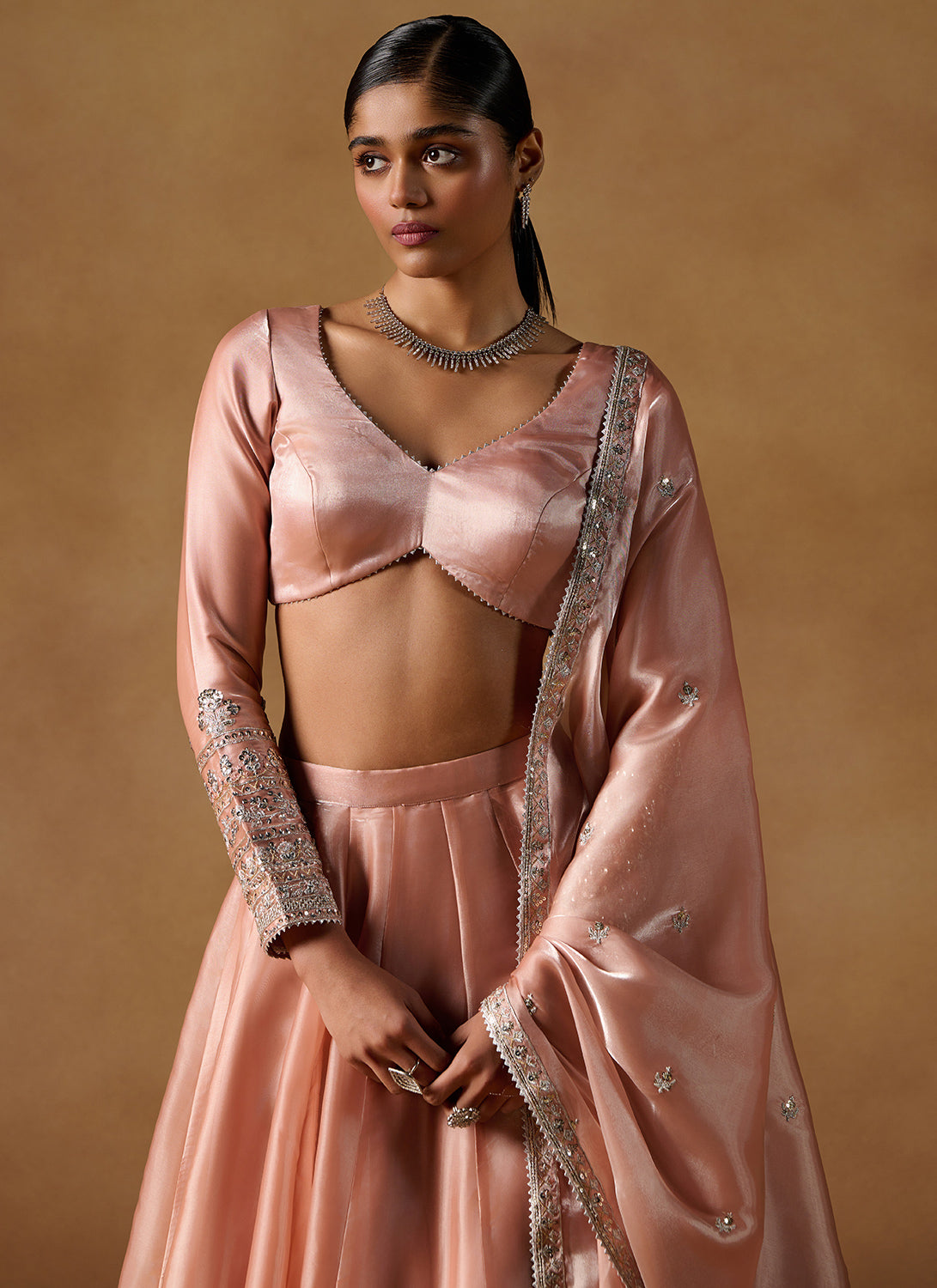 Dusty Coral Embroidered Tissue Lehenga