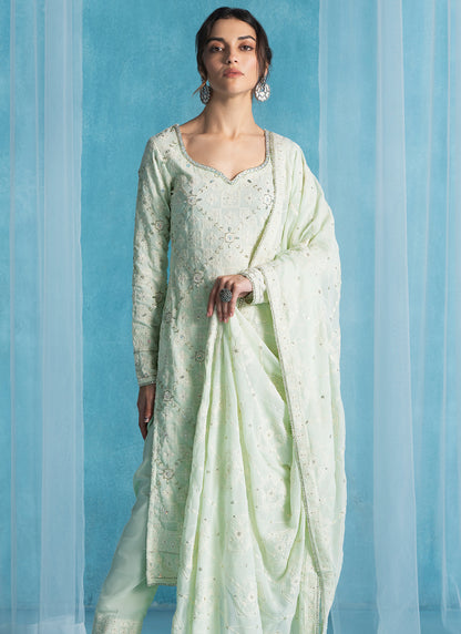 Soft Mint Embroidered Lucknowi Straight Suit