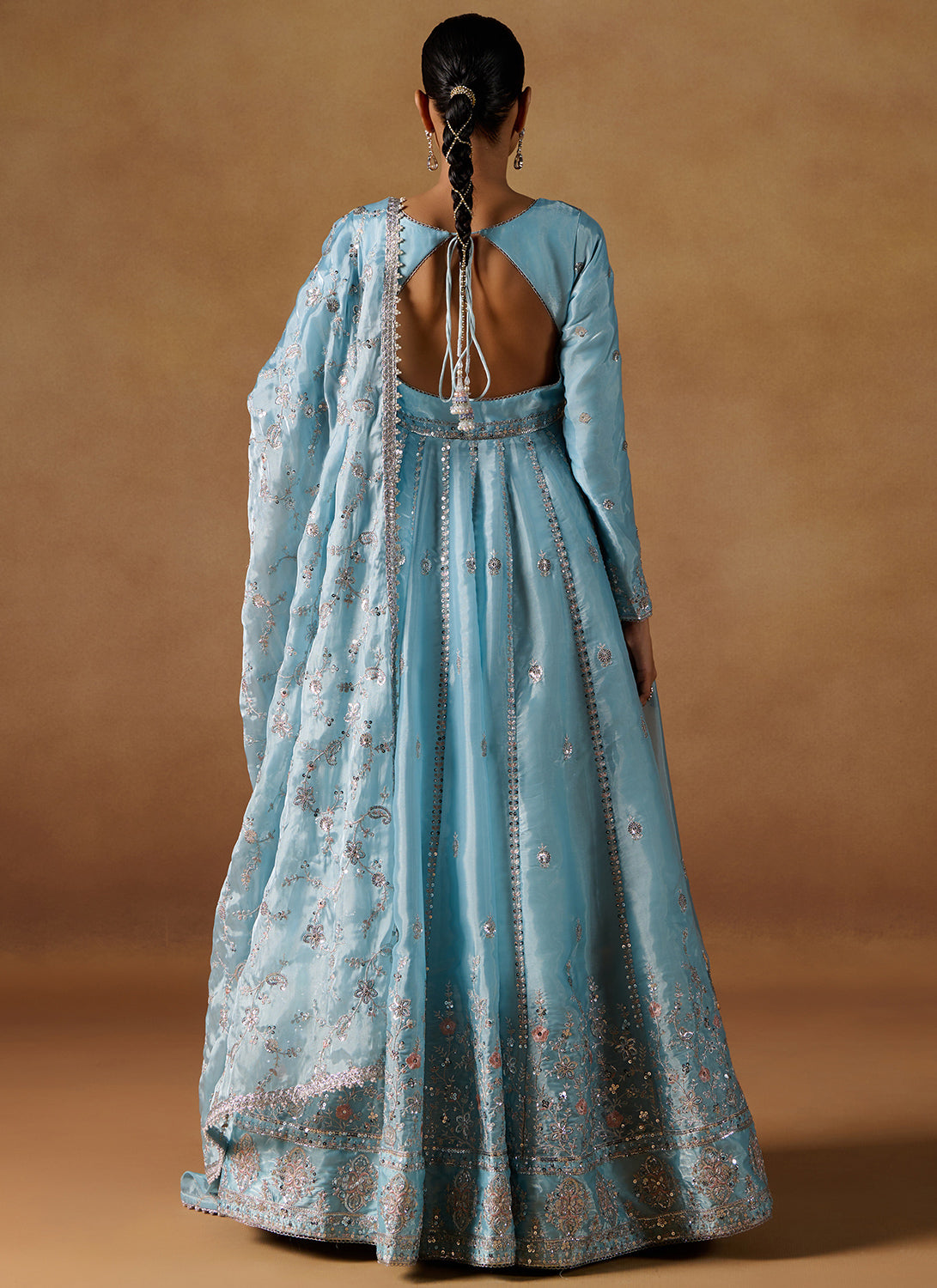 Blue Embroidered Tissue Anarkali