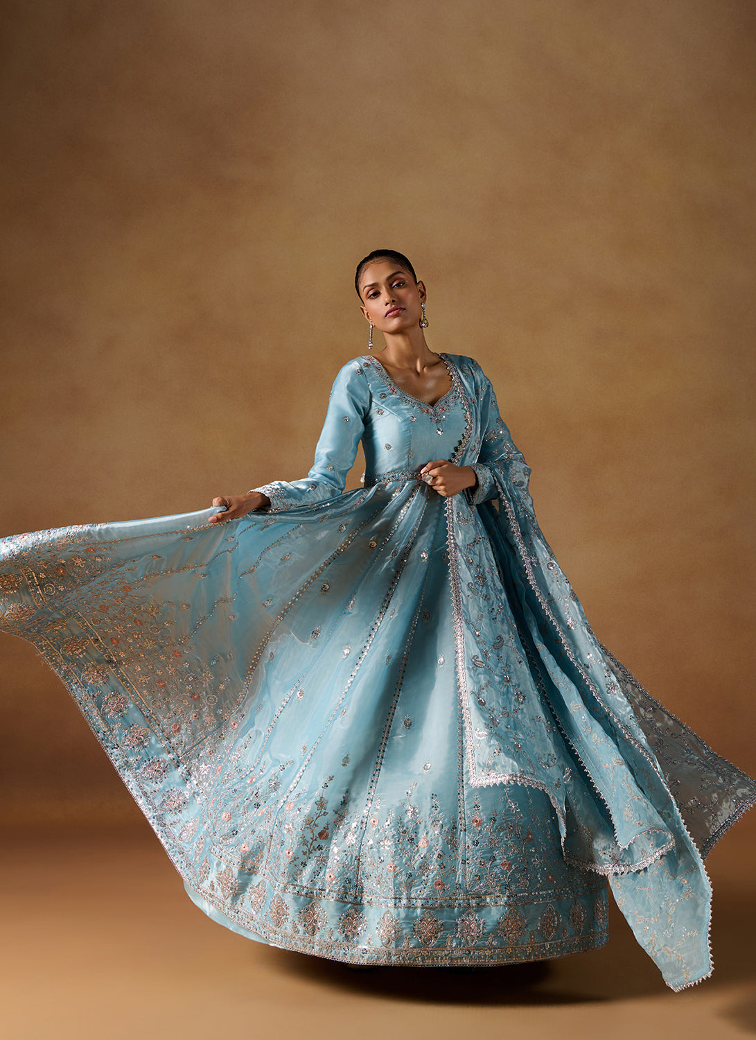 Blue Embroidered Tissue Anarkali