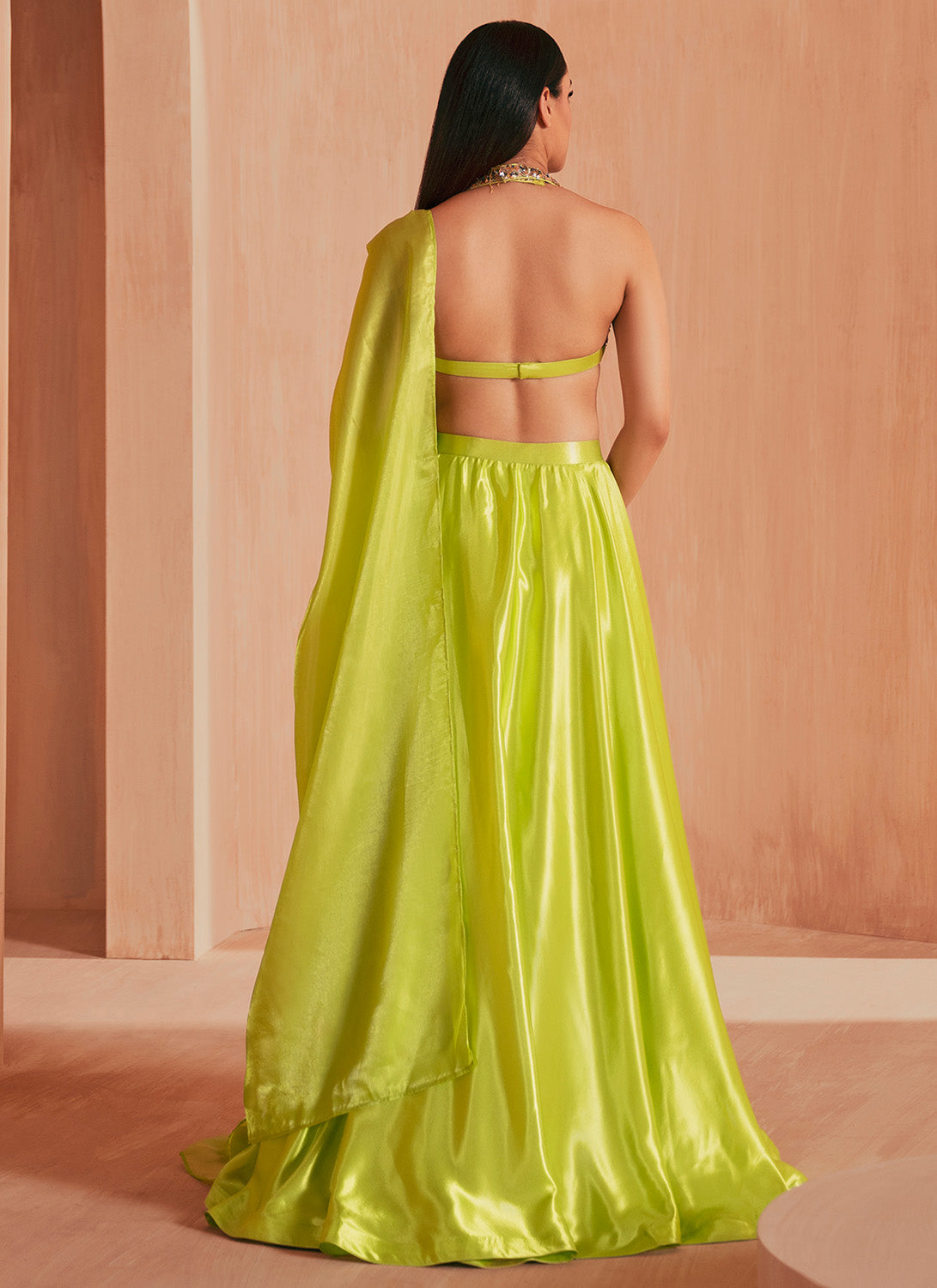 Lime Green Embroidered Satin Lehenga