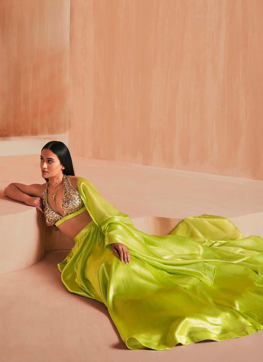 Lime Green Embroidered Satin Lehenga
