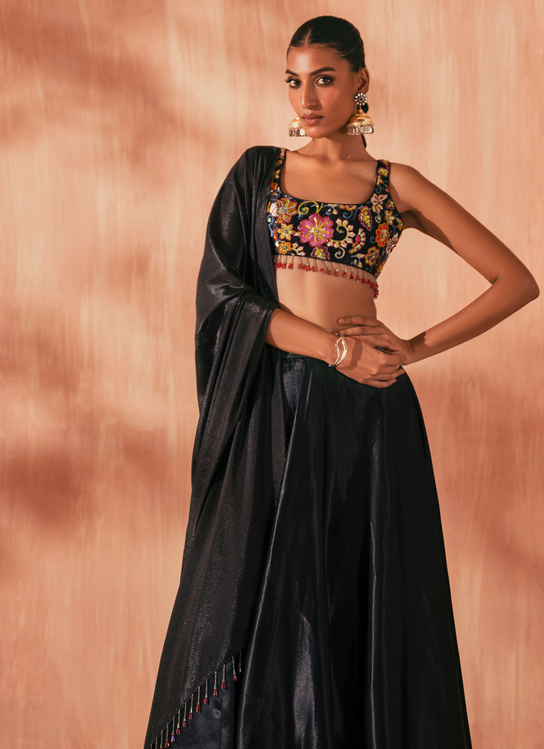 Black Embroidered Satin Lehenga