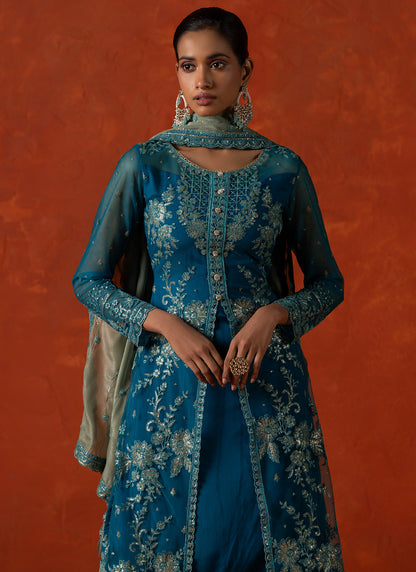 Teal Embroidered Crepe Silk Straight Suit