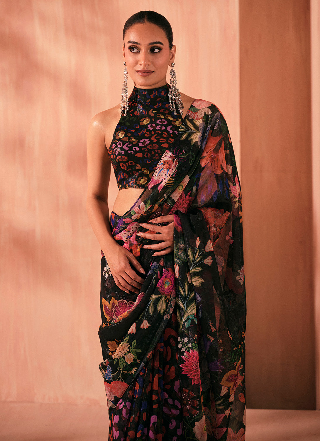 Black Multicolor Printed Chiffon Saree