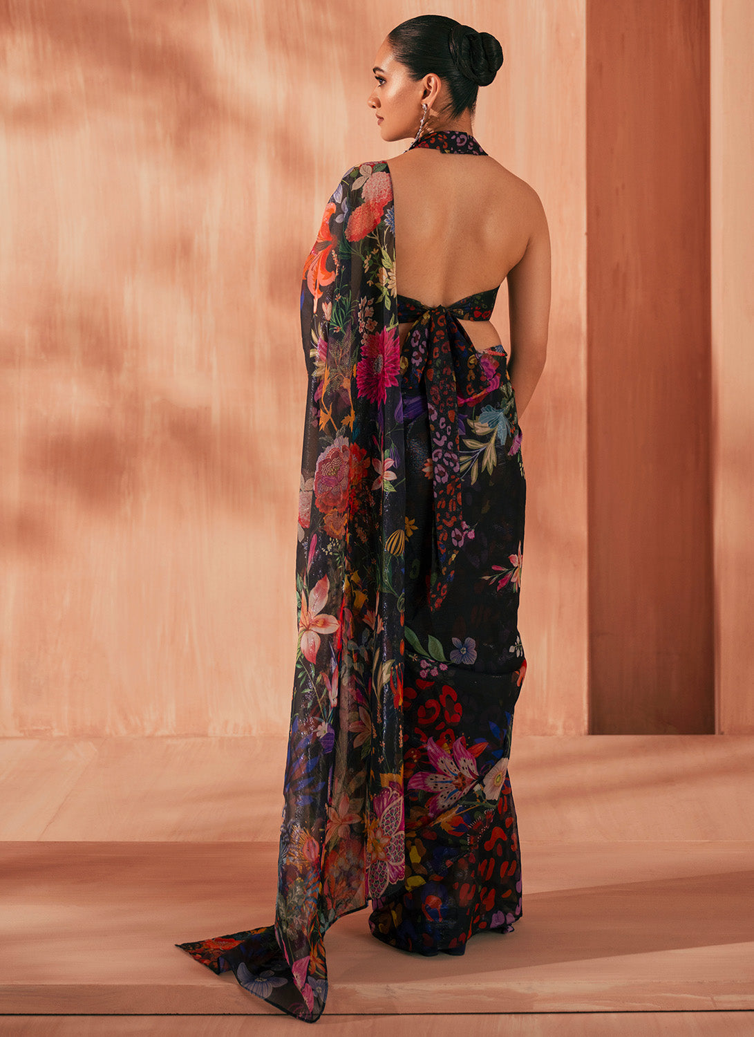 Black Multicolor Printed Chiffon Saree