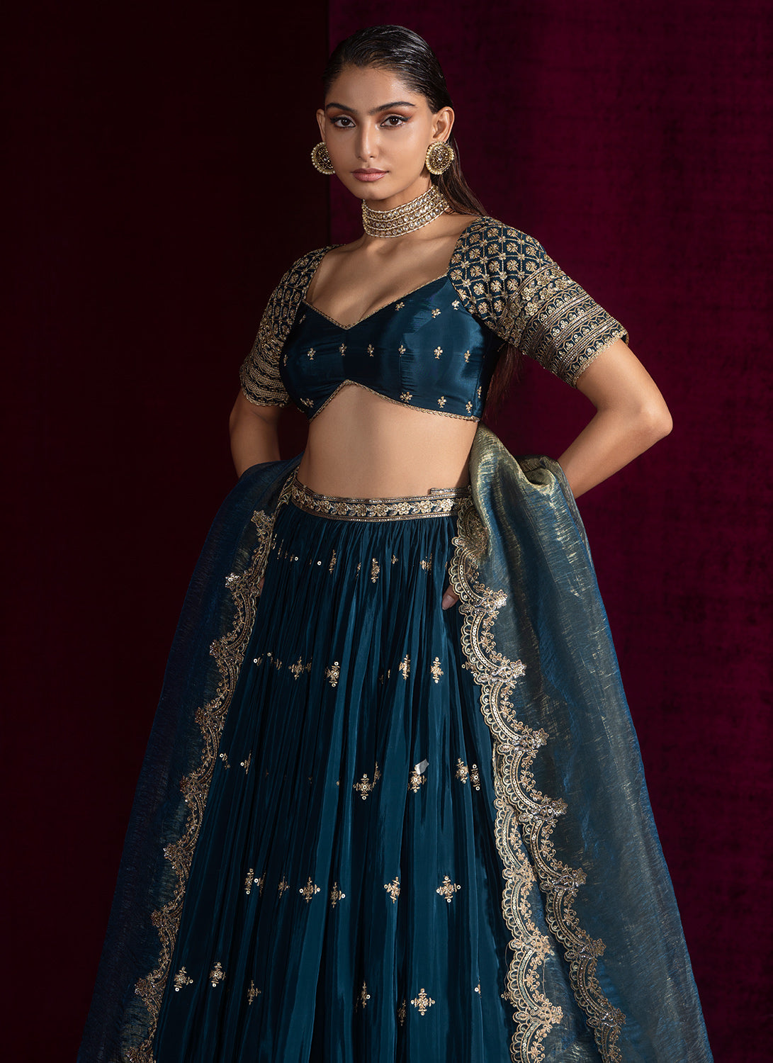 Teal Green Embroidered Crepe Lehenga