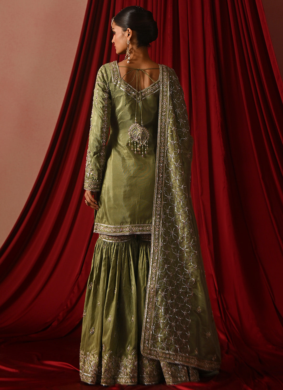 Light Green Embroidered Silk Gharara Suit