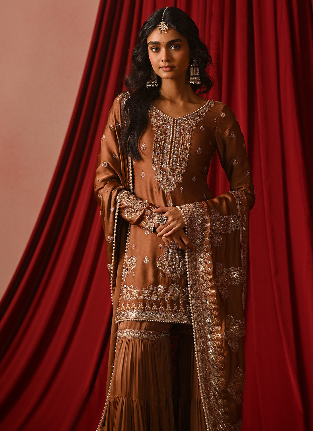 Brown Embroidered Satin Gharara Suit
