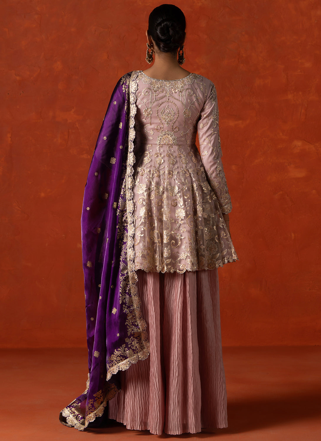 Dusty Pink and Purple Embroidered Sharara Suit