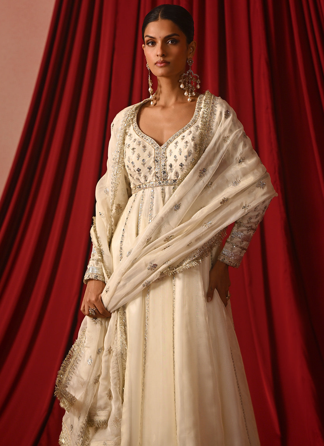 White Embroidered Silk Anarkali