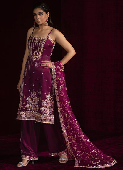Wine Embroidered Palazzo Suit